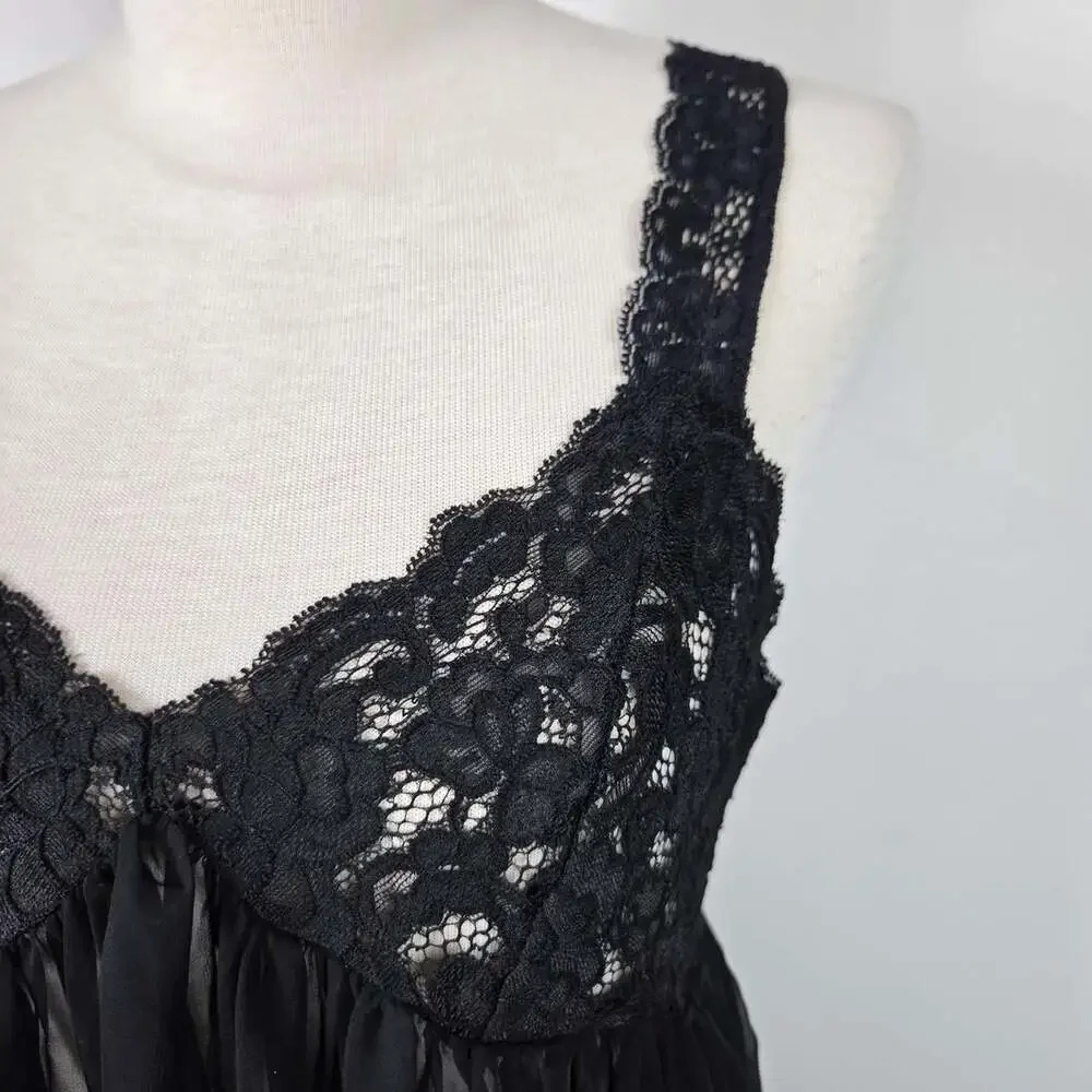 Scandale Paris Vintage Black Lace Chiffon Babydoll Mini Nightgown Lingerie Small